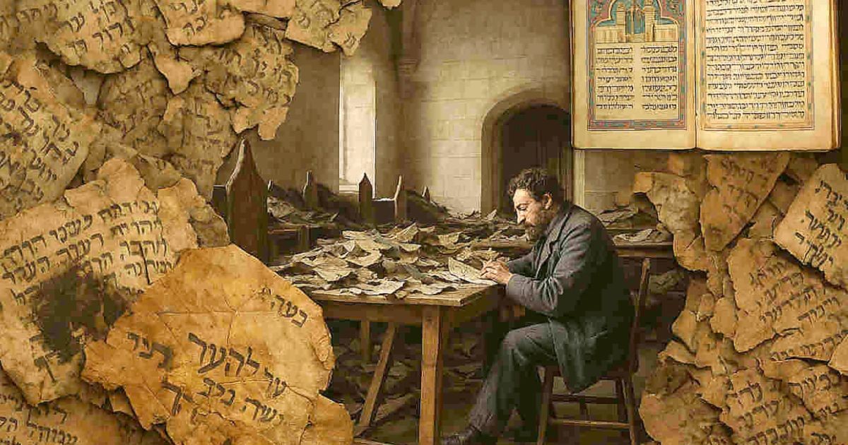 Le professeur Salomon Schechter travaillant au milieu des manuscrits anciens dans la gueniza du Caire