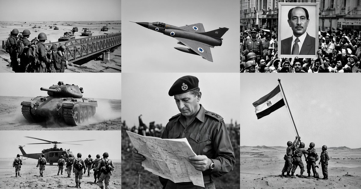 Collage de six photographies d’archives en noir et blanc de la guerre du Kippour de 1973 : soldats et avion de chasse israéliens, portrait de Sadate brandi par des Égyptiens, char d’assaut, officier israélien étudiant une carte, drapeau égyptien et hélicoptère militaire.