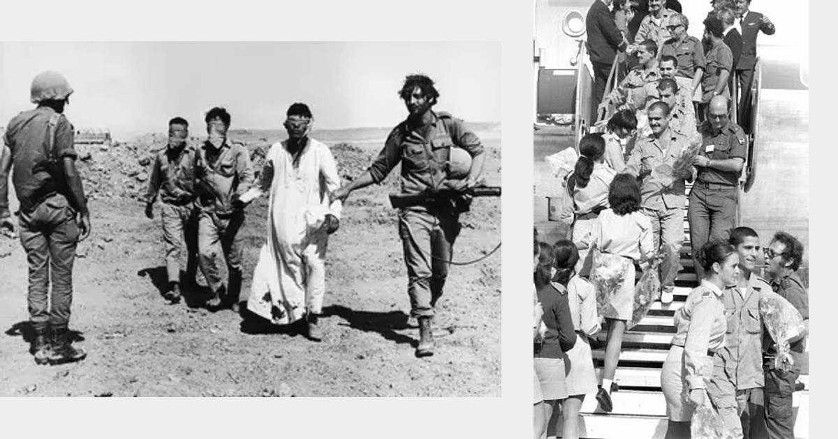 Prisonniers égyptiens escortés par des soldats israéliens à gauche ; prisonniers israéliens de retour en Israël à droite, après la guerre de Kippour.