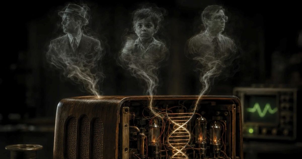 Illustration symbolique du Guilgoul montrant plusieurs silhouettes humaines reliées à une ancienne radioet à des instruments scientifiques, évoquant la réincarnation, la continuité de l’âme et la recherche scientifique.
