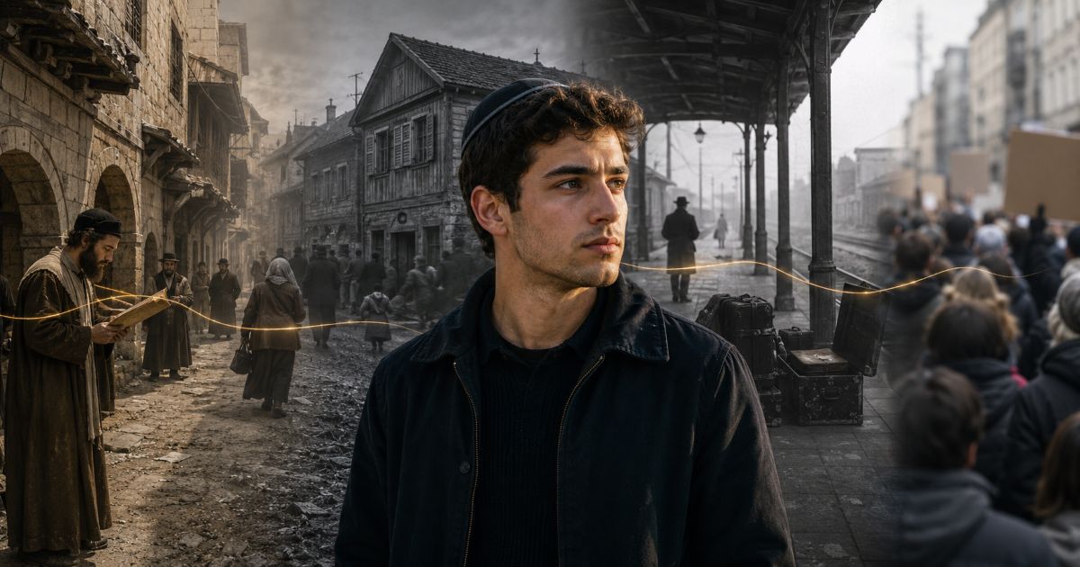 Jeune Juif contemporain relié aux persécutions antisémites du Moyen Âge, des pogroms et du XXe siècle.