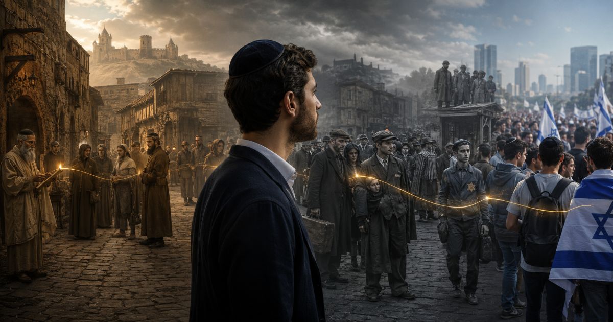 Jeune Juif contemporain relié aux persécutions antisémites du Moyen Âge, des pogroms et du XXe siècle.