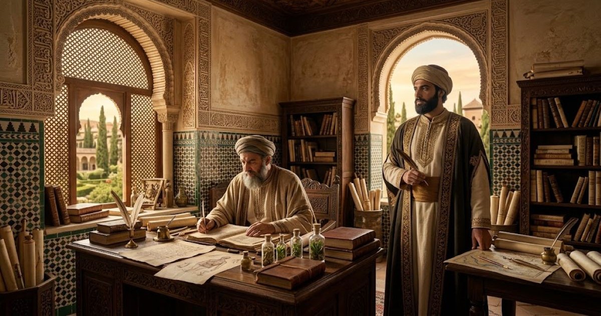 Hasdaï ibn Shaprut et Samuel HaNaguid dans un cabinet d'étude arabo-andalou du Xe siècle
