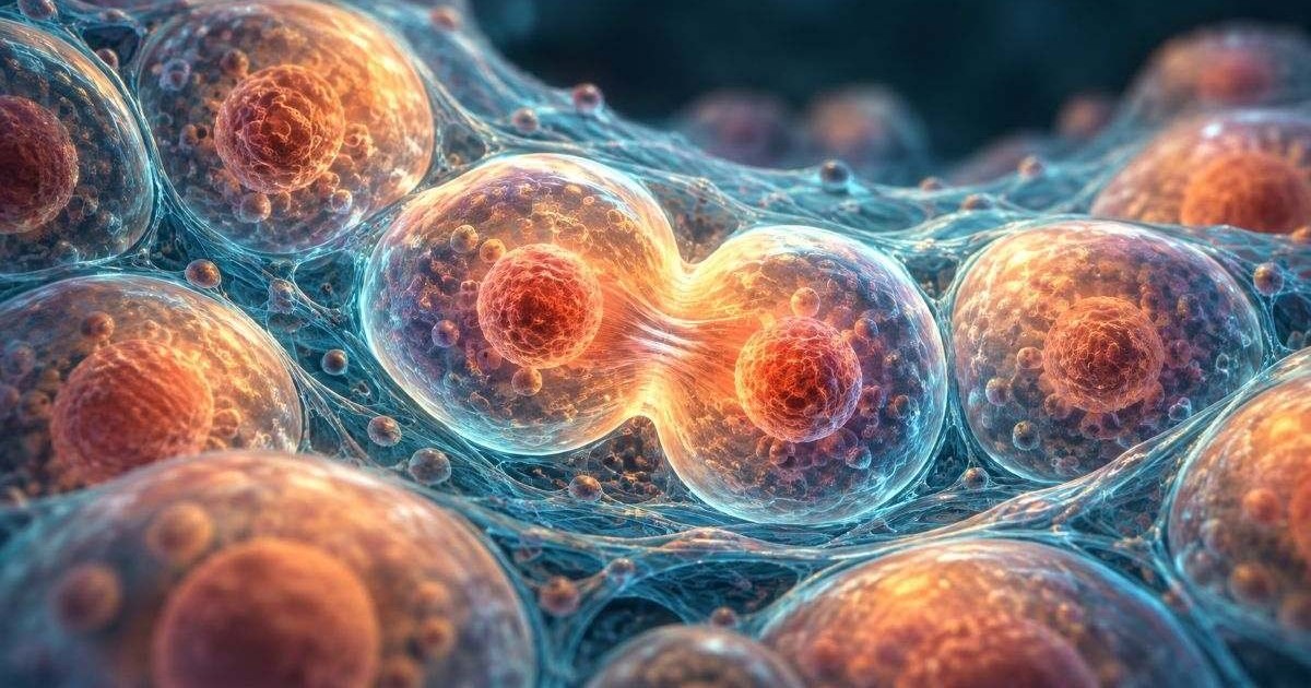Illustration de cellules aux noyaux orangés, dont une en division, entourées de membranes bleutées.