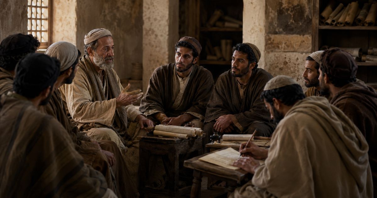 Un maître enseigne à un groupe de disciples réunis autour de rouleaux et de manuscrits, dans une maison d’étude de l’Antiquité, évoquant la transmission vivante, le débat et l’élaboration collective de la pensée talmudique.