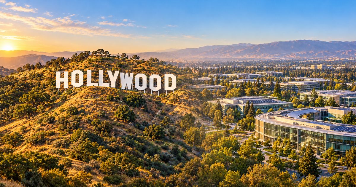 Montage en fondu de l’enseigne Hollywood sur sa colline et de campus technologiques évoquant la Silicon Valley.