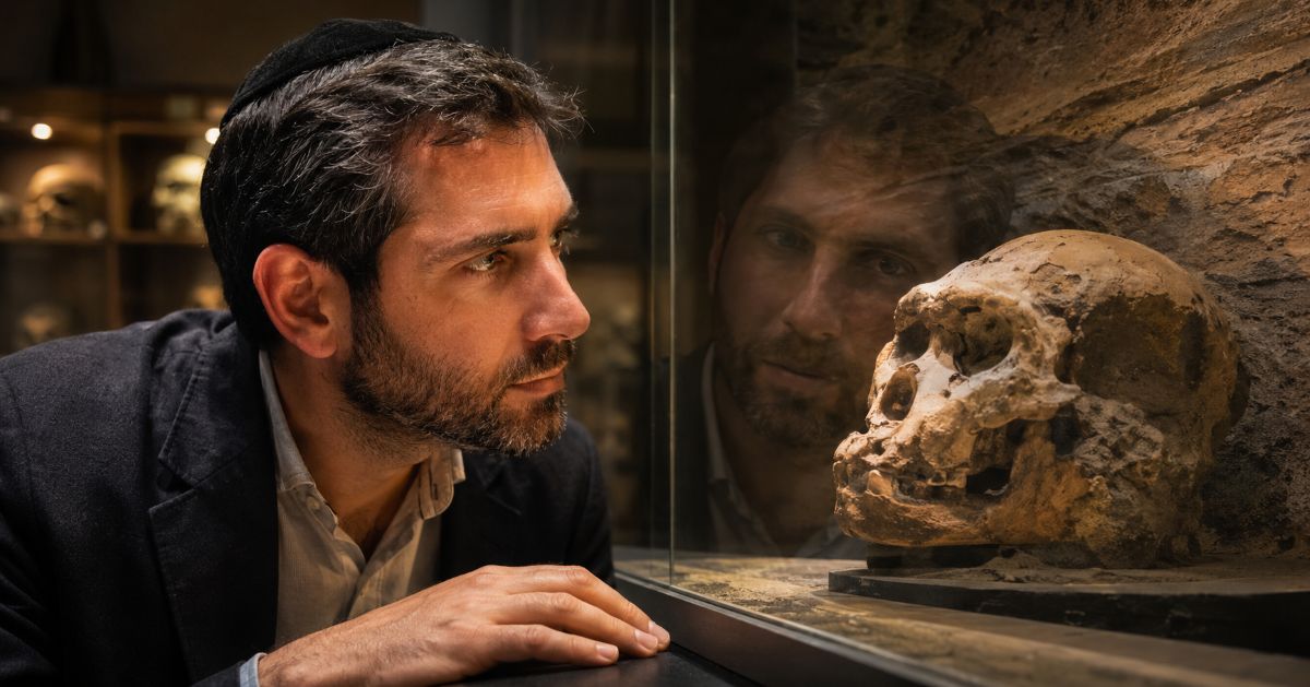 Chercheur juif observant un fossile humain et interrogeant la singularité de l’homme
