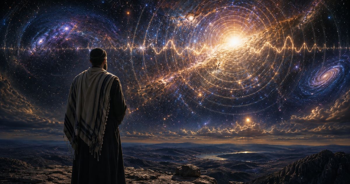 Homme juif portant un talit contemplant le cosmos, des galaxies et des ondes de pulsation lumineuses dans le ciel.