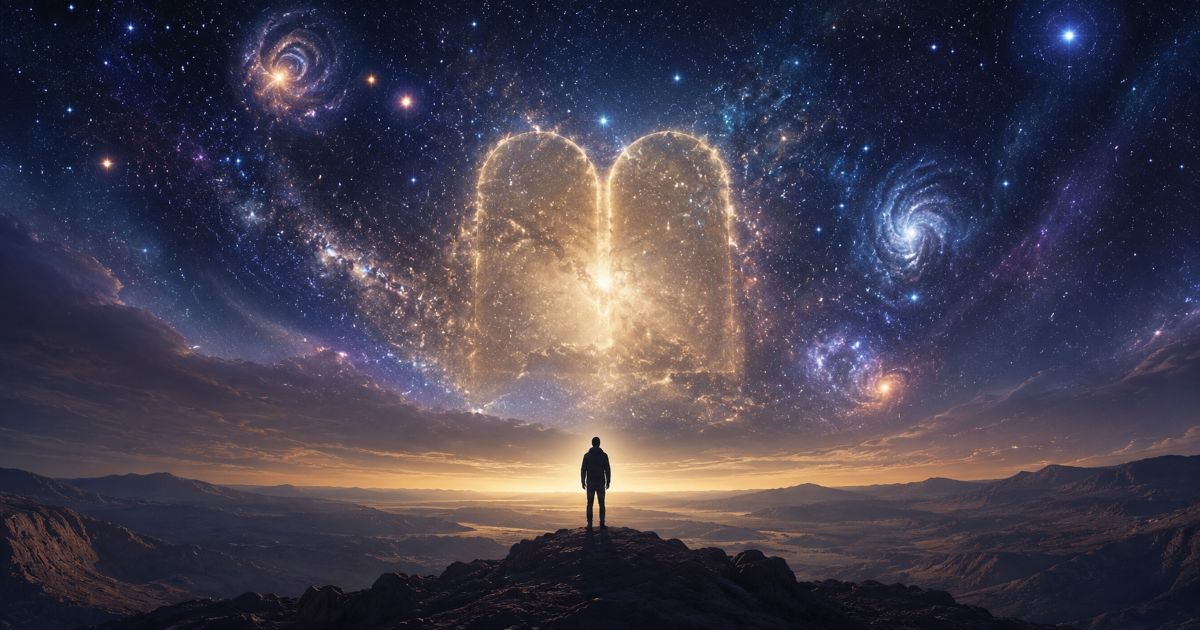 Un homme contemple l’immensité cosmique dominée par des Tables lumineuses, entre galaxies et horizon terrestre.