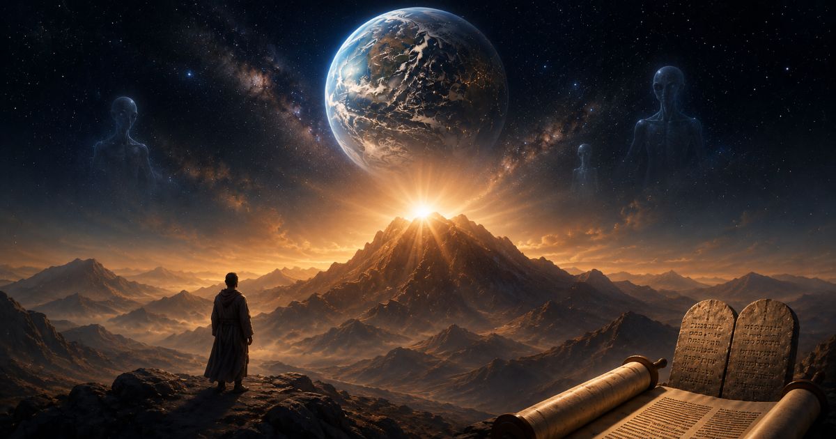 Un homme contemple l’immensité cosmique dominée par des Tables lumineuses, entre galaxies et horizon terrestre.