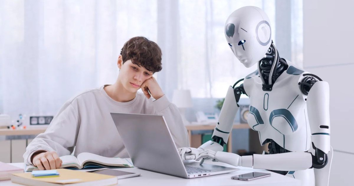 Robot d'IA aidant un adolescent avec un ordinateur et des livres scolaires à la maison