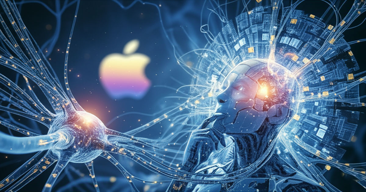Un robot humanoïde entouré de réseaux numériques et de connexions lumineuses symbolise l’intelligence artificielle face aux limites de la compréhension humaine. Le logo Apple rappelle les recherches scientifiques menées sur les capacités de raisonnement des modèles d’IA.