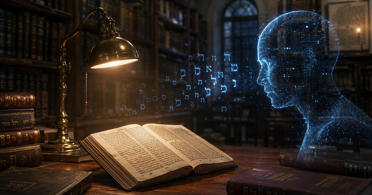Une silhouette numérique composée de circuits électroniques fait face à un livre de Torah ouvert, dans une bibliothèque ancienne. Des lettres hébraïques lumineuses relient la machine au texte, symbolisant la capacité de l’intelligence artificielle à analyser et reproduire le langage de la Torah, sans garantir une compréhension intérieure.