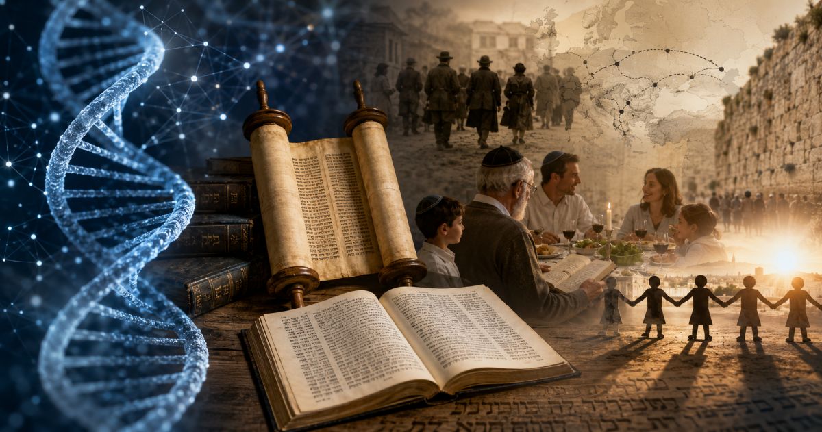 Une composition réunissant une double hélice d’ADN, un rouleau de Torah, des livres hébraïques, une famille juive autour d’une table, des scènes de migration et Jérusalem.