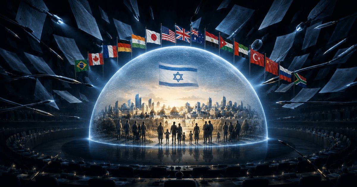 Le drapeau israélien protège une cité et ses habitants sous un dôme entouré par les drapeaux des nations.