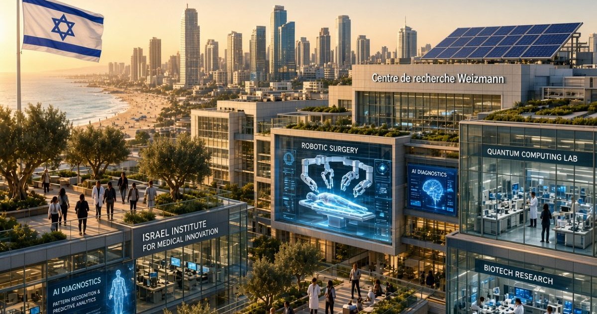 Centre de recherche Weizmann futuriste à Tel-Aviv au coucher du soleil, avec laboratoires de chirurgie robotique
