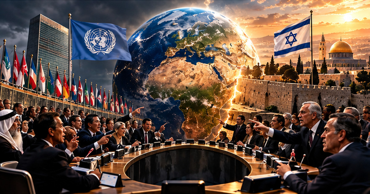 Composition symbolique réunissant le drapeau israélien, celui de l’ONU, le globe terrestre, Jérusalem et des représentants des nations autour d’une table diplomatique.