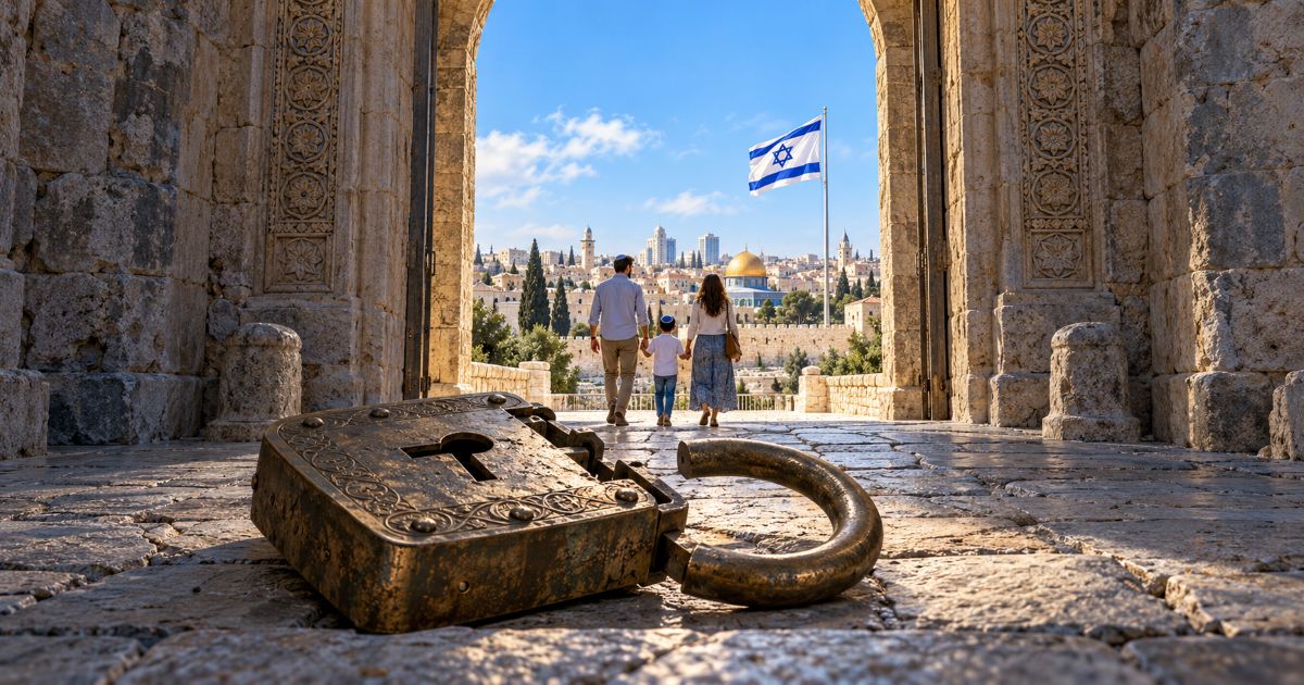 Cadenas ouvert devant une porte donnant sur Jérusalem, une famille juive et le drapeau israélien, symboles d’indépendance.