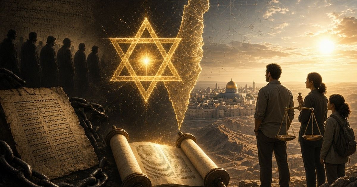 Image symbolique du passage du peuple juif de la mémoire passive à la responsabilité souveraine, avec étoile de David, carte d’Israël, Torah et figures modernes face à Jérusalem.
