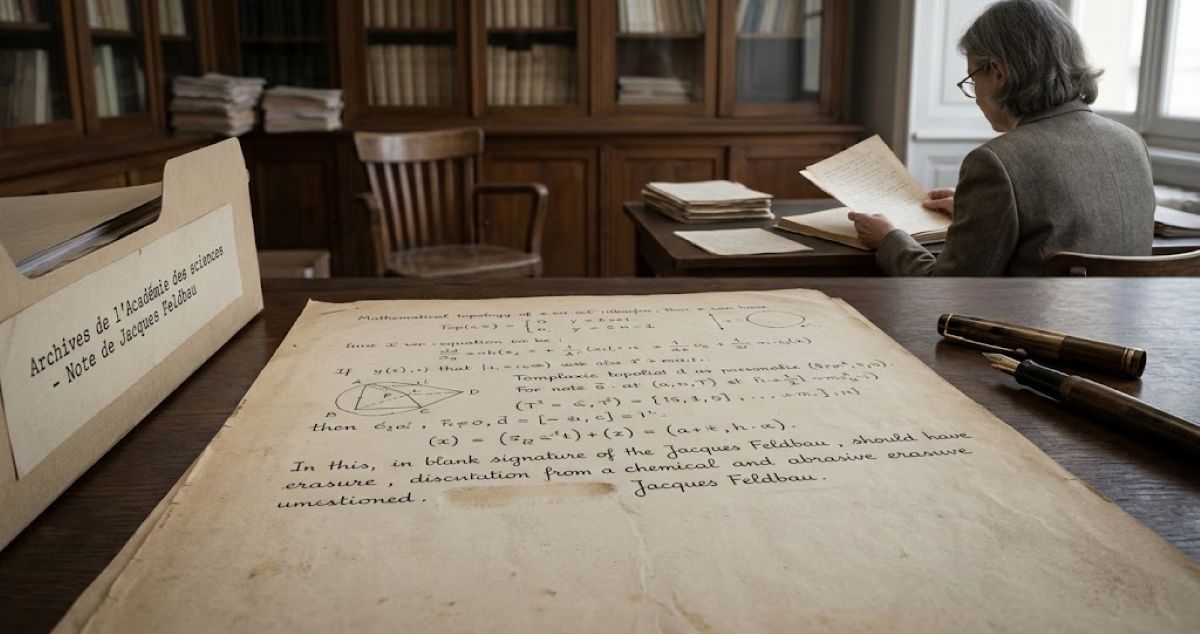 Manuscrit mathématique des années 1940 montrant un espace vide à l'emplacement de la signature de Jacques Feldbau.