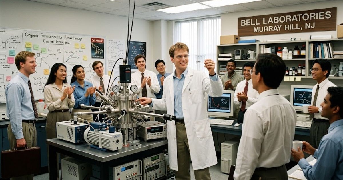 Reconstitution visuelle du physicien Jan Hendrik Schön aux Bell Labs en 1997, présentant ses travaux sur les semi-conducteurs monomoléculaires devant ses collègues.