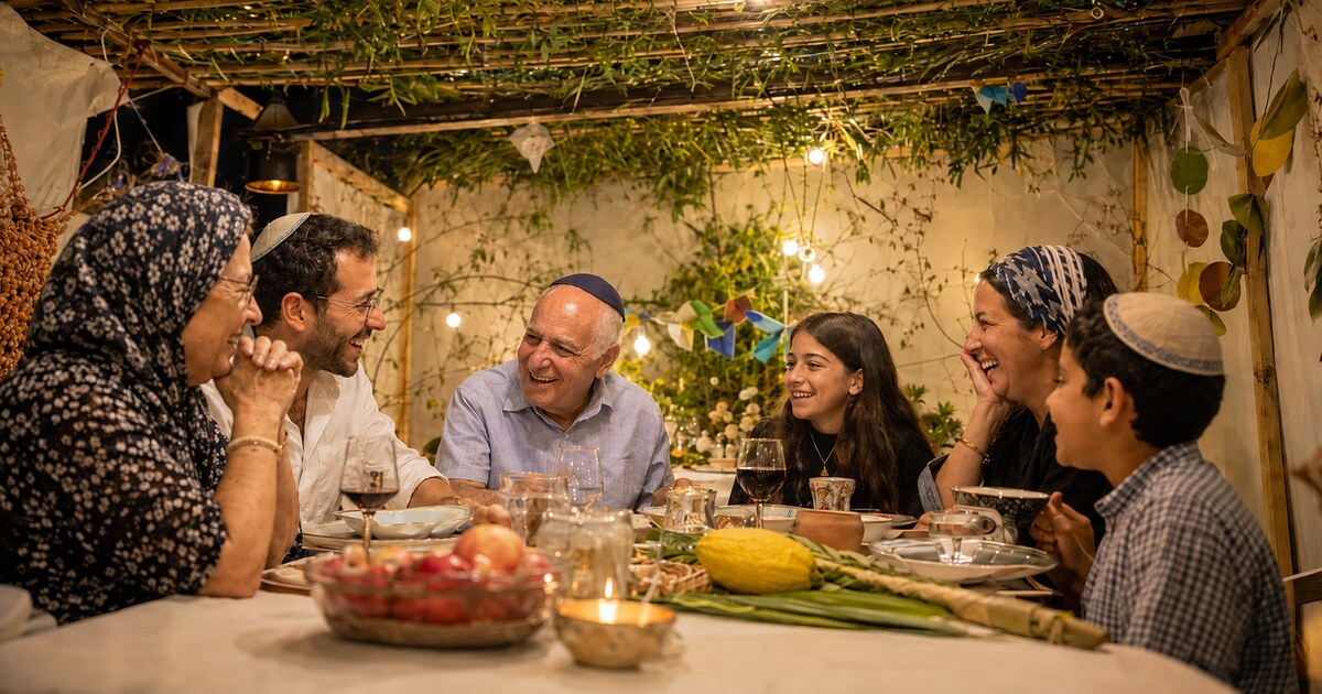 Famille juive souriante partageant un repas de fête dans une soukka décorée, avec un étrog et un loulav sur la table.