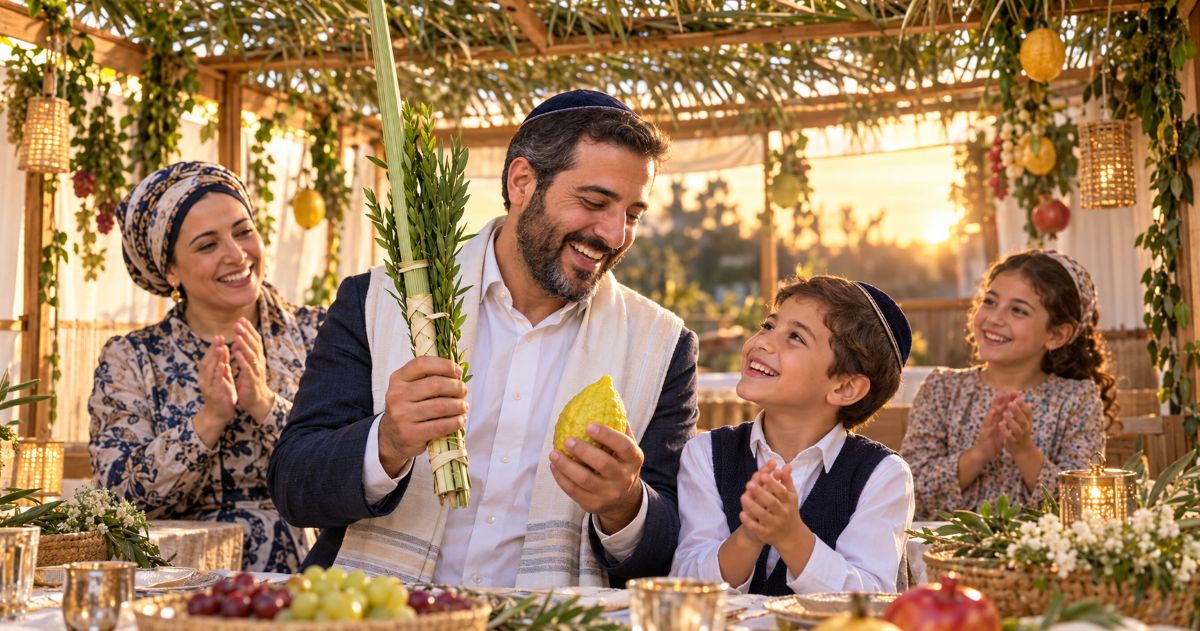 Une famille réunie sous la Soukkah réalise la mitsva du Loulav