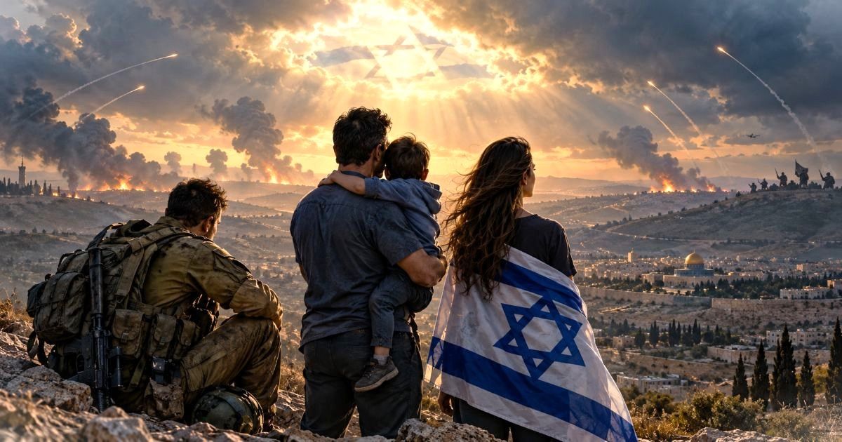 Famille israélienne et soldat contemplant Jérusalem, symboles de résistance et de continuité du peuple juif
