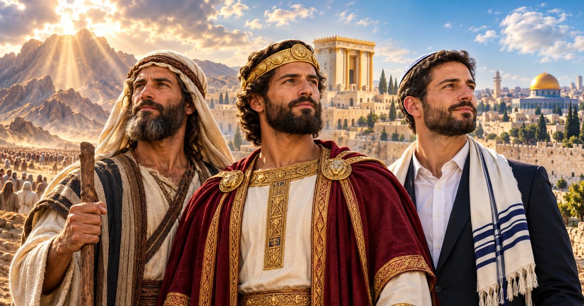 Trois figures juives fortes et fières se tiennent côte à côte, représentant l’identité hébraïque depuis l’époque biblique jusqu’à aujourd’hui