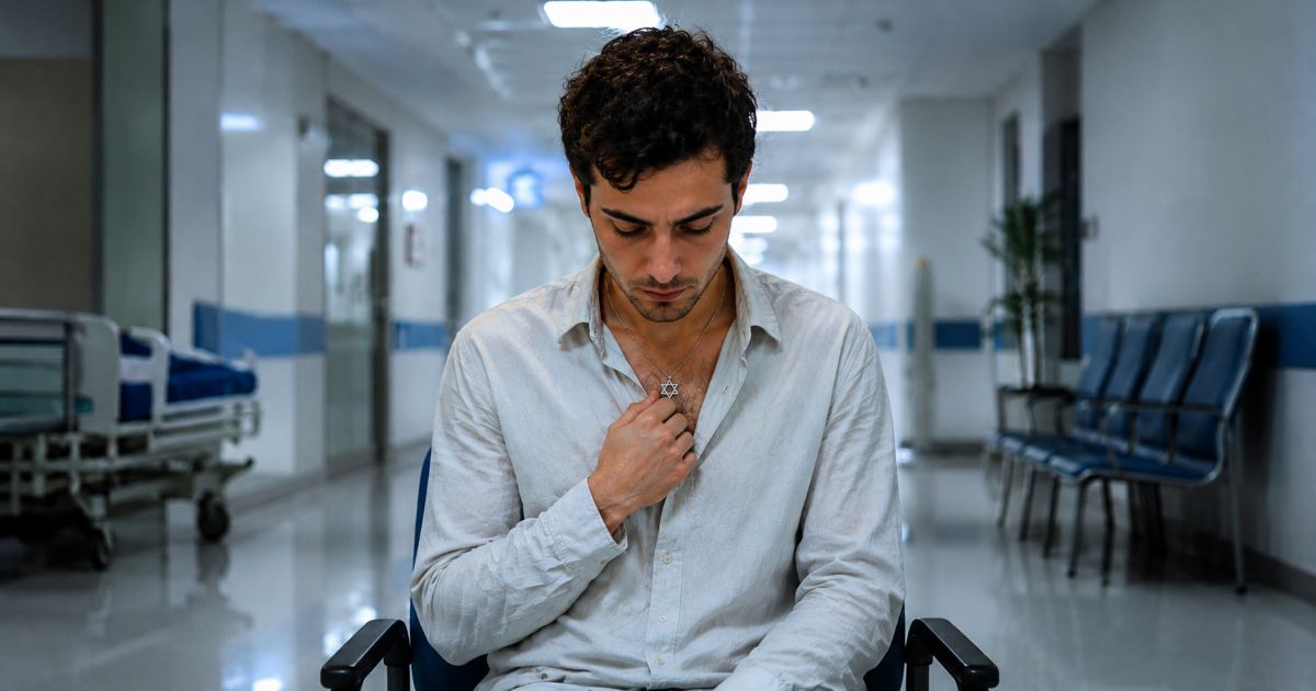 Jeune patient juif portant un Maguen David dans le couloir d’un hôpital, inquiet de révéler son identité avant des soins.