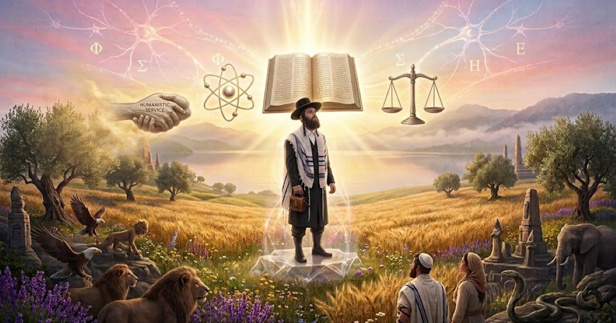 Homme juif en tenue traditionnelle et tallit debout dans un champ paradisiaque, surmonté du livre de la Torah, d'un atome représentant la science, d'une balance de justice et d'une poignée de main humaniste, entouré par la nature et les animaux.