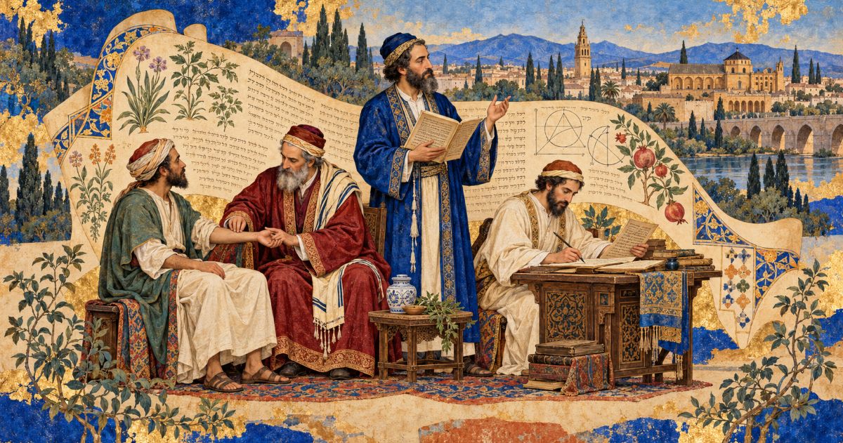 Fresque de l’Espagne médiévale montrant un médecin juif examinant un patient, un philosophe et un scribe entourés de manuscrits hébraïques.