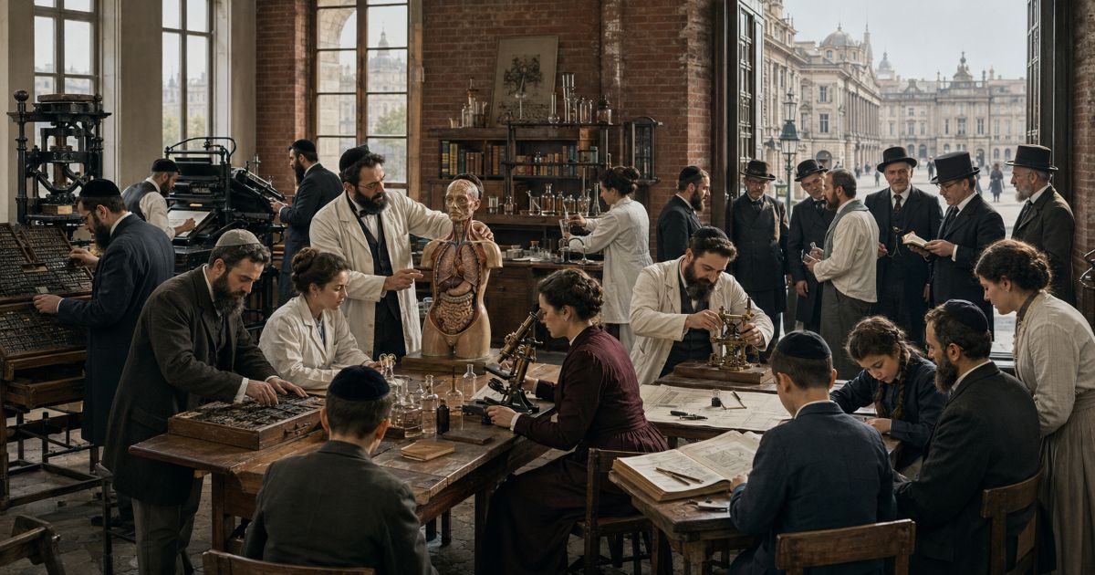 Chercheurs, médecins et intellectuels juifs réunis dans un laboratoire, entre étude, médecine, science et transmission du savoir
