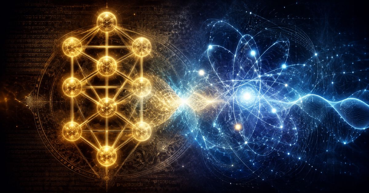 Une représentation lumineuse des Sefirot fait face à un univers de particules, d’ondes et de connexions quantiques. Leur convergence centrale évoque une rencontre intellectuelle entre deux approches du réel profond, sans les confondre.