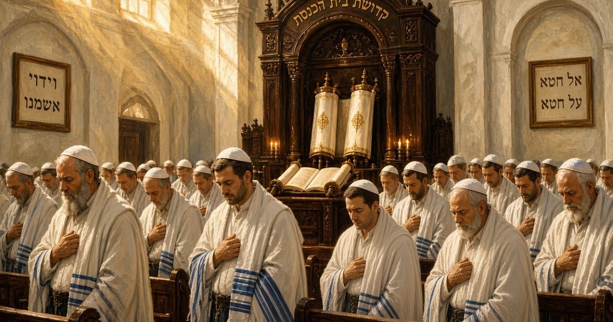 Groupe de fidèles juifs en synagogue lors de Yom Kippour, vêtus de talitot blancs et de kippot, frappant doucement leur poitrine pendant la récitation du Vidouy