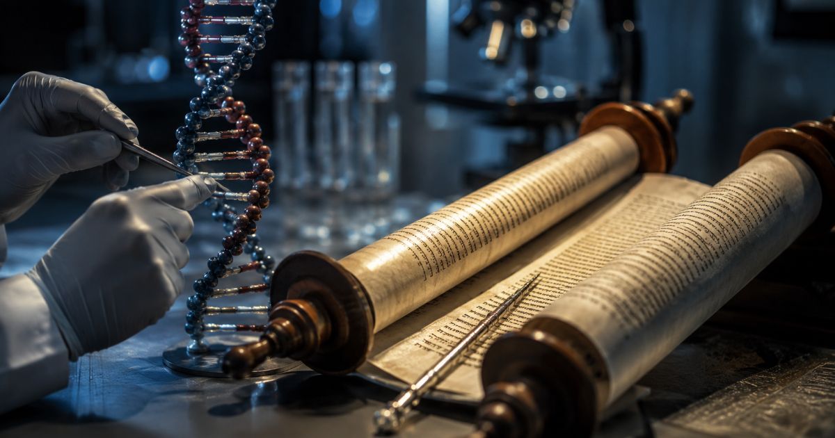 Dans une ambiance de laboratoire, des mains gantées examinent une structure d’ADN à côté d’un rouleau de Torah ouvert. L’image symbolise l’enquête scientifique confrontée à la tradition et à ses limites. Image symbolique