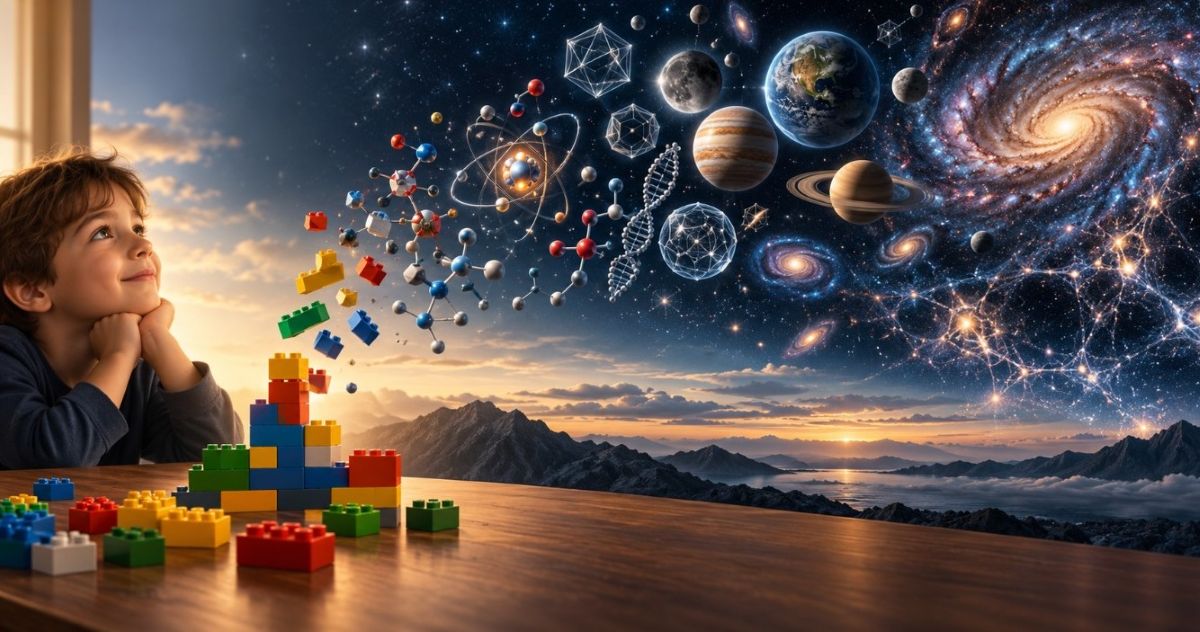 Enfant observant une construction en briques LEGO se transformant en molécules, atomes et galaxie