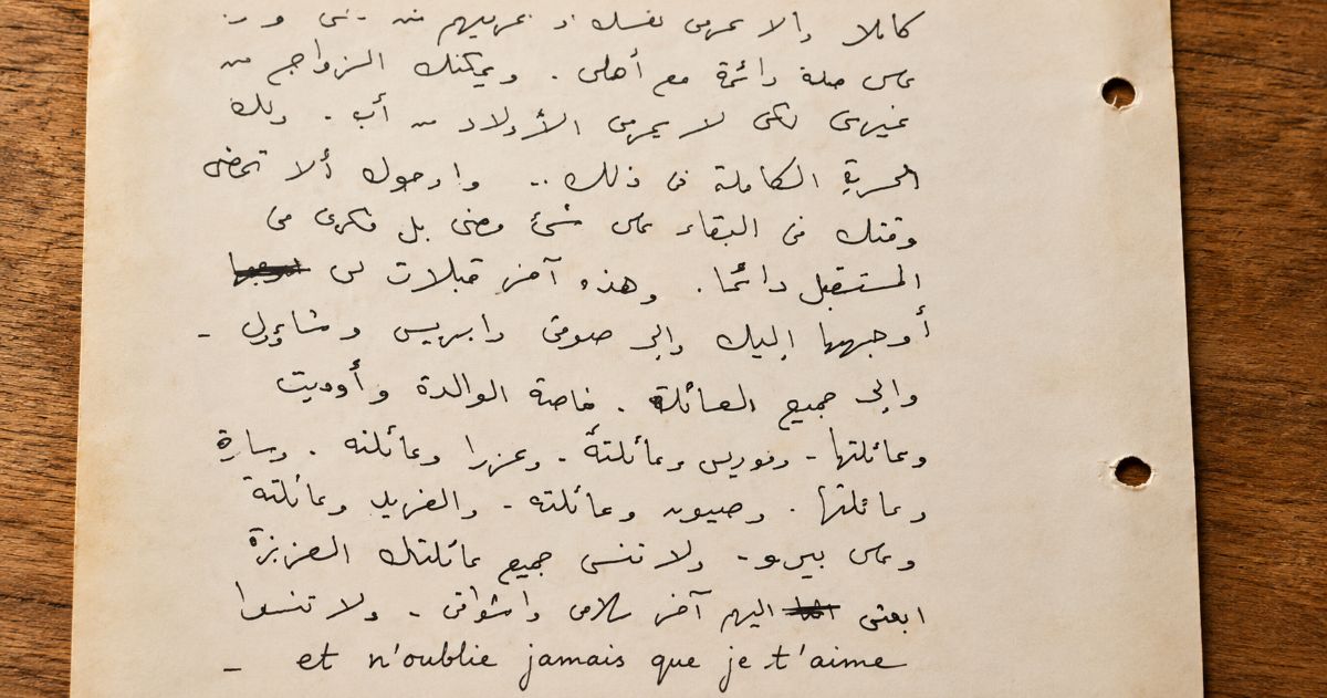 Document manuscrit en arabe provenant de la dernière lettre d’Eli Cohen à son épouse Nadia, écrite avant son exécution à Damas en mai 1965.