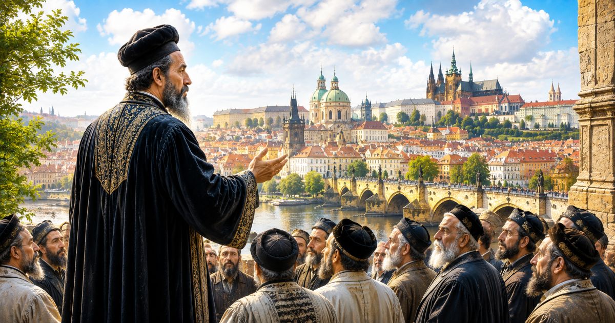 Le Maharal sur fond de la ville de Prague avec ses fidèles