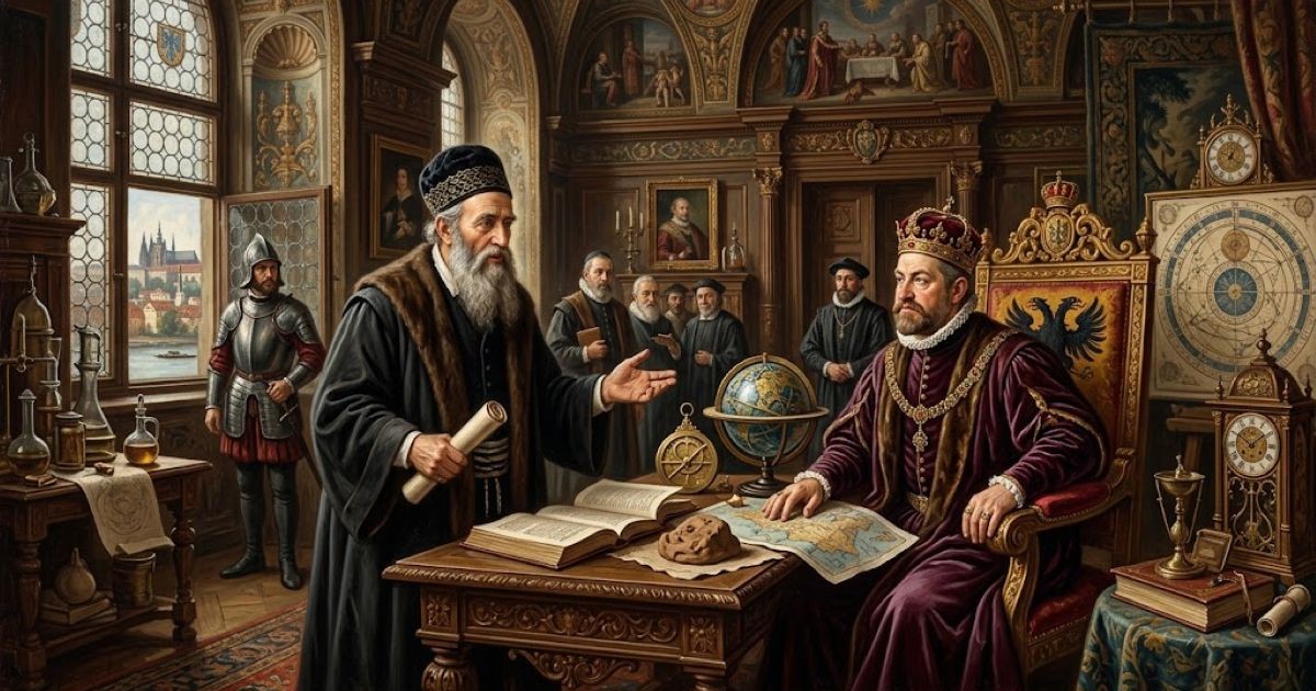 Le Maharal de Prague, âgé et empreint de majesté avec sa barbe blanche et son manteau traditionnel, s'adresse avec charisme et sainteté à l'empereur Rodolphe II assis dans une salle du palais impérial de Prague en 1592.