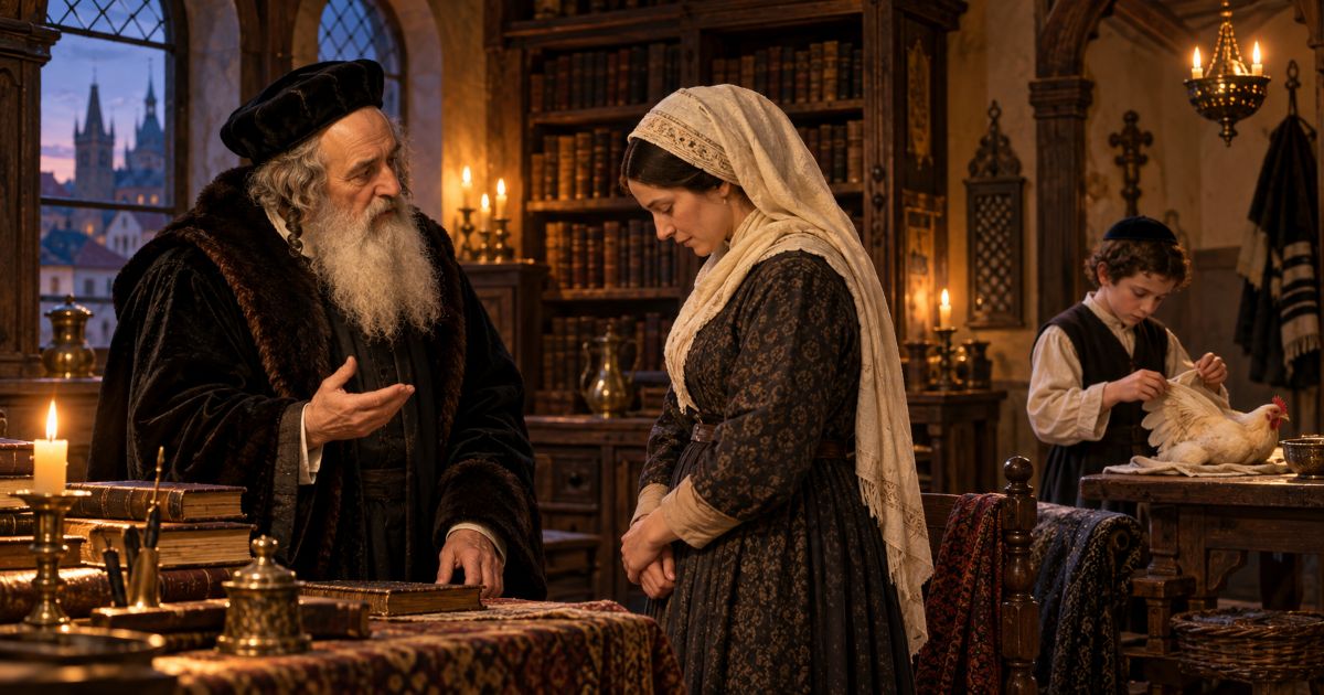 Le Maharal de Prague s’entretient avec une femme juive vêtue avec pudeur, les yeux baissés avec respect, tandis qu’un enfant examine un poulet afin de déterminer s’il est cachère.