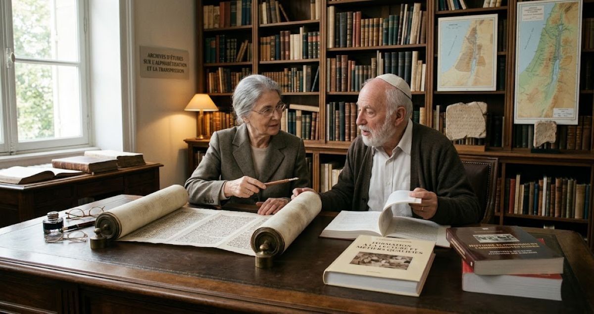 Deux scientifiques étudiant des documents anciens et des ouvrages sur l'histoire de l'alphabétisation.