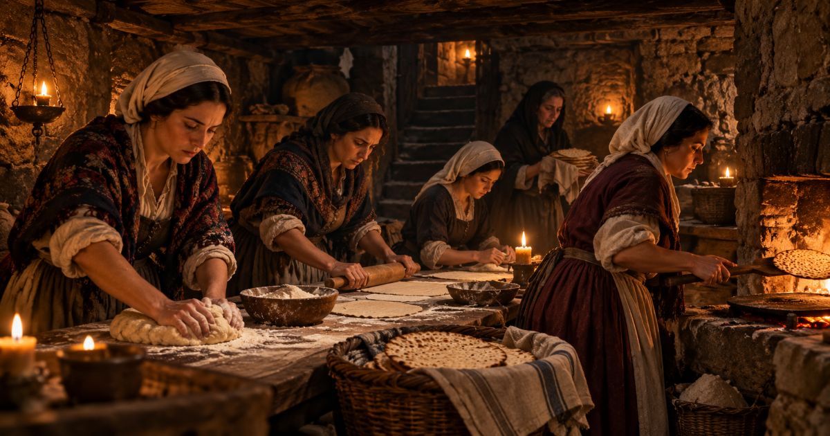 Femmes marranes préparant clandestinement des matsot dans le sous-sol d’une maison juive à Belmonte, pour la fête de Pessa’h.