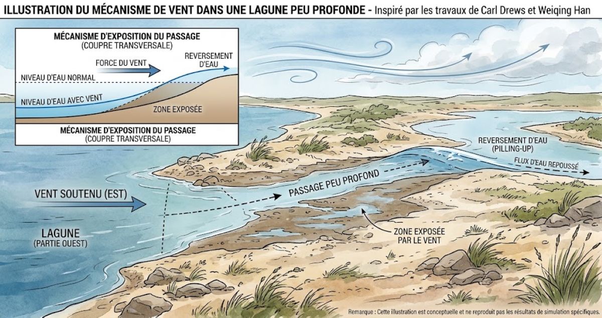 Schéma explicatif du mécanisme où un vent soutenu pousse l'eau d'une lagune peu profonde et découvre un passage terrestre, inspiré des recherches de Carl Drews et Weiqing Han.