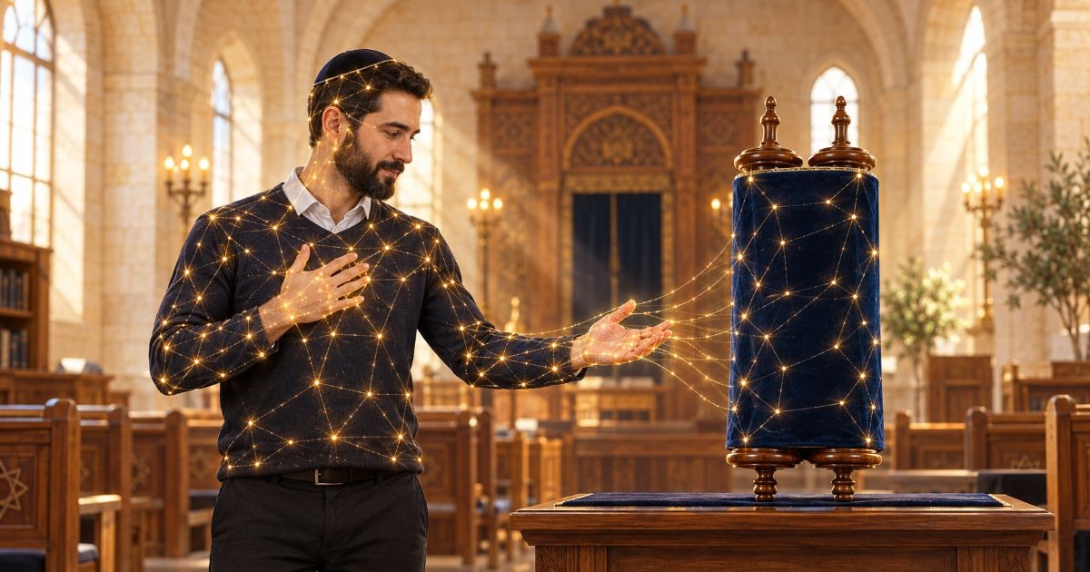 Un juif relié symboliquement à un Séfer Torah par un réseau lumineux évoquant la correspondance entre les membres du corps et les commandements positifs.