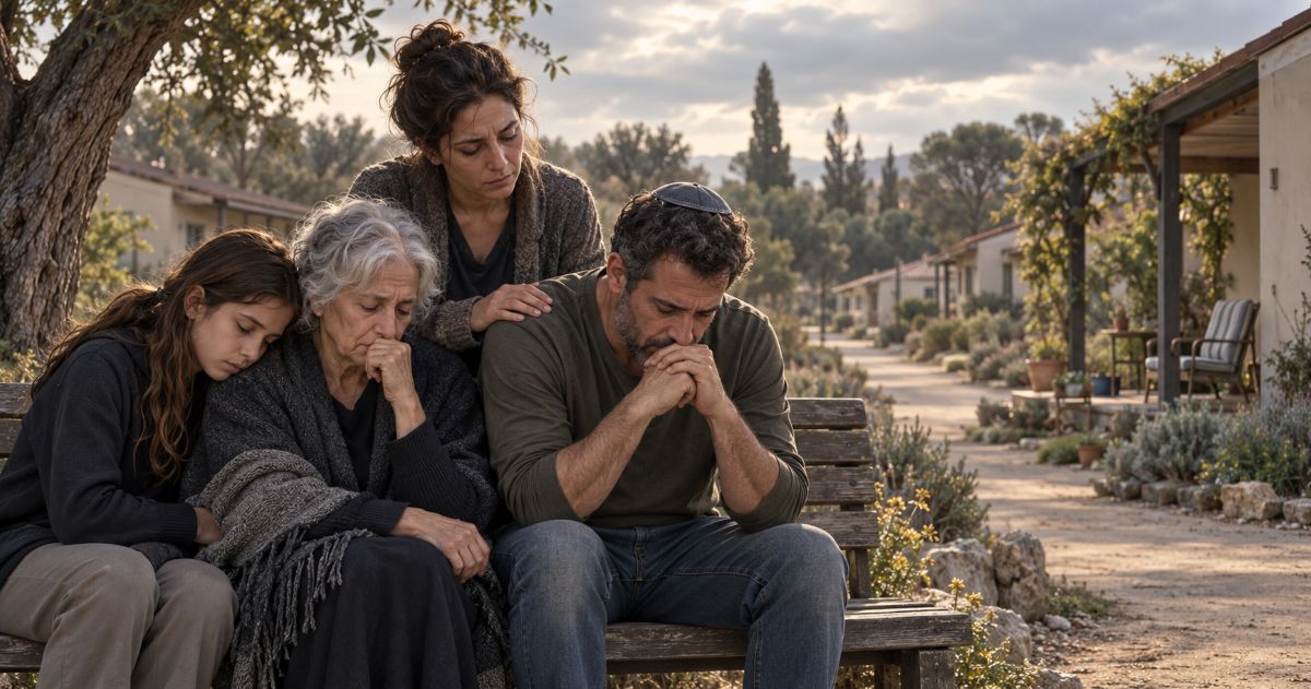 Illustration d’une famille juive recueillie sur un banc, une femme posant sa main sur l’épaule d’un homme, dans un kibboutz.