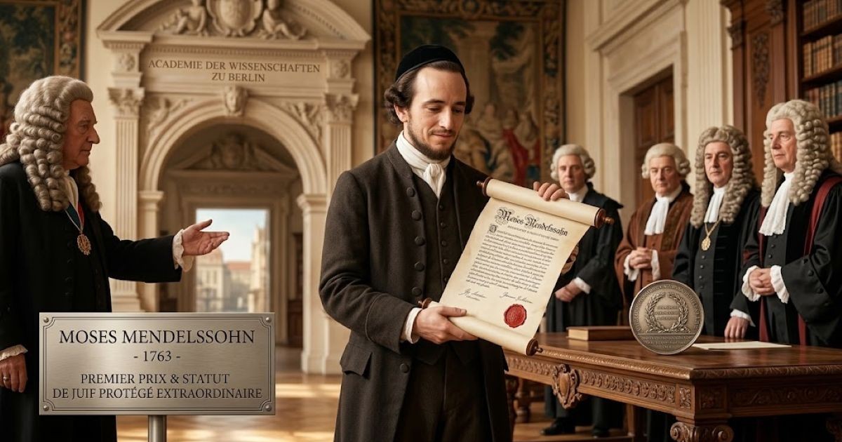 Moses Mendelssohn en 1763, tenant son parchemin de prix et sa médaille à l'Académie des sciences de Berlin, entouré d'académiciens en perruques. Une plaque résume son statut de "Juif protégé extraordinaire".