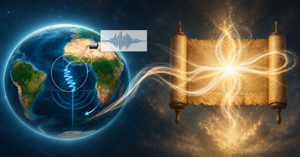 Globe terrestre avec onde sismique de 26 secondes reliée symboliquement à un ancien rouleau de Torah illuminé.