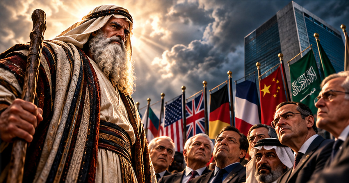 Moché Rabbénou, la tête couverte et tenant son bâton, regarde avec gravité des représentants des nations réunis sous leurs drapeaux.