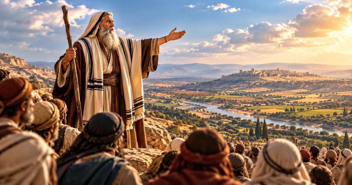 Illustration de Moché Rabbénou s'adressant aux enfants d'Israël et leur montrant la Terre sainte que Dieu leur a destinée.